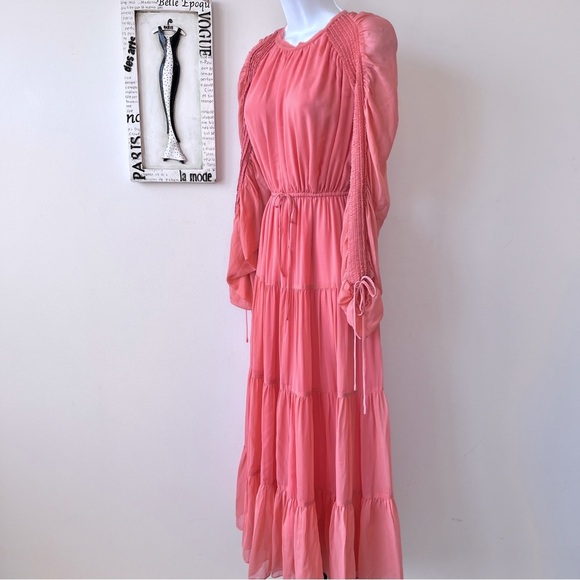Ulla Johnson Noelle Dahlia Coral Silk Long Sleeve Wedding Guest Midi Dress Sz 2 - Picture 12 of 17